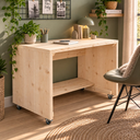 Houten kinderburo op wiielen en met stoel.webp
