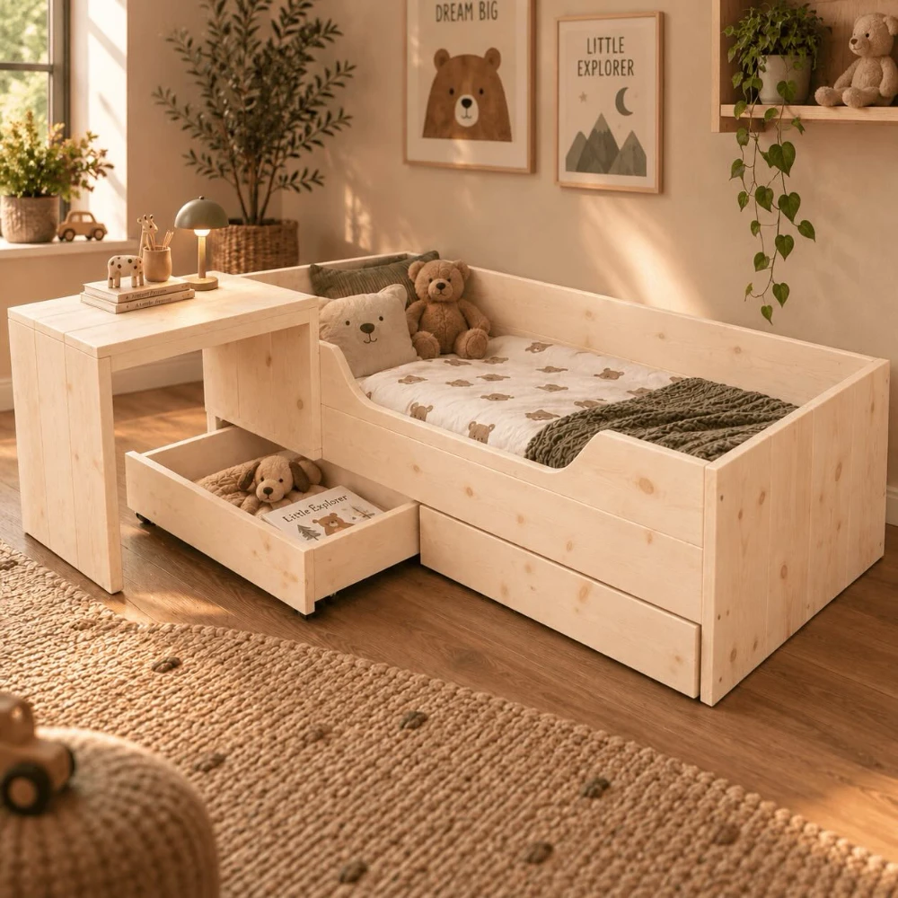 houten kajuitbed Jolanda met bureau naturel.webp
