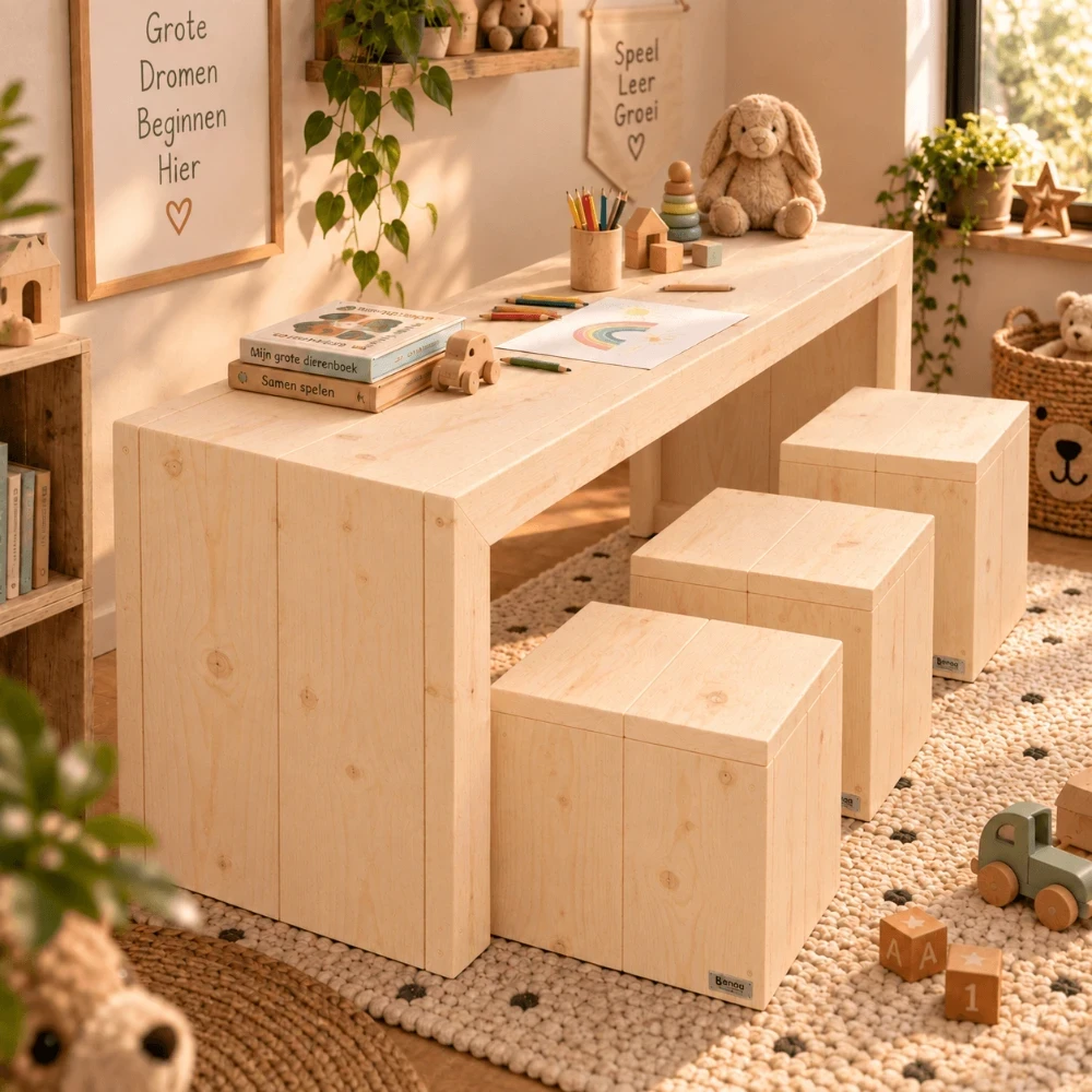 Houten kinderspeeltafel Finn met krukje mischa.webp