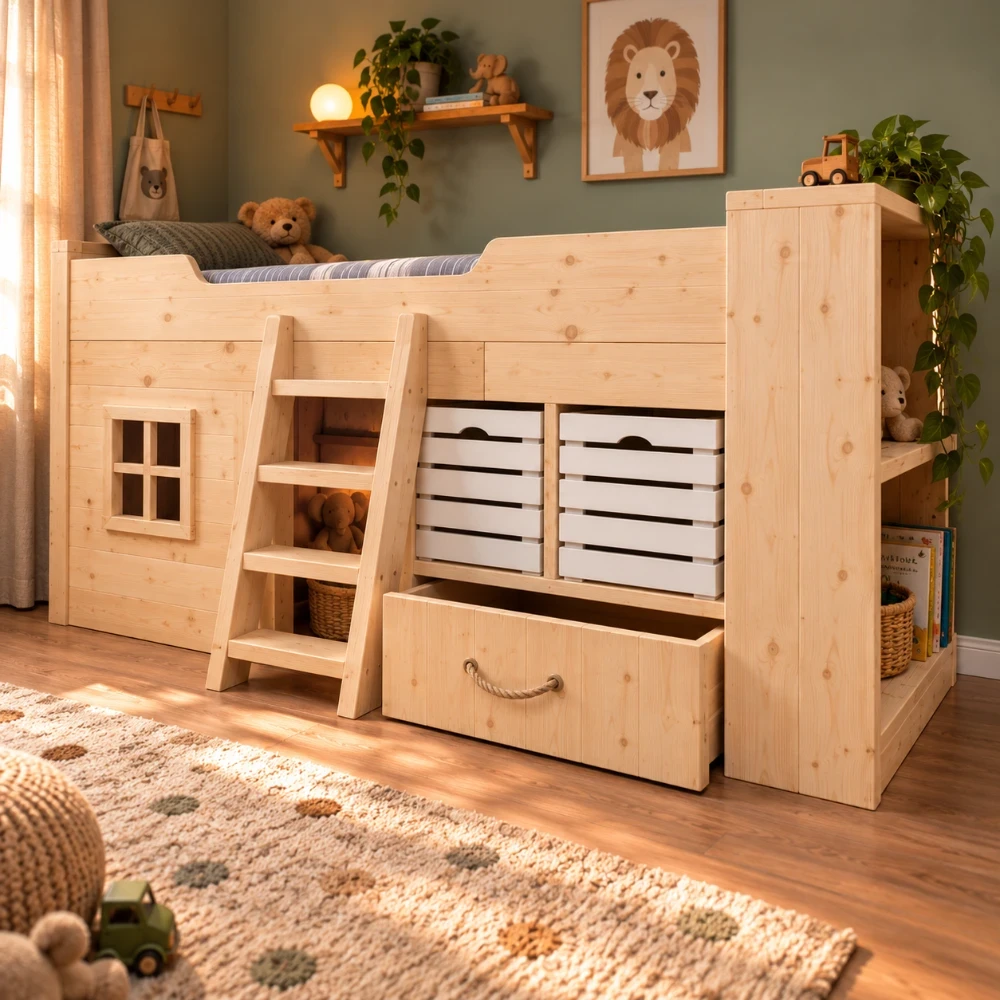 Houten kinderbed Toms hut met trap.webp