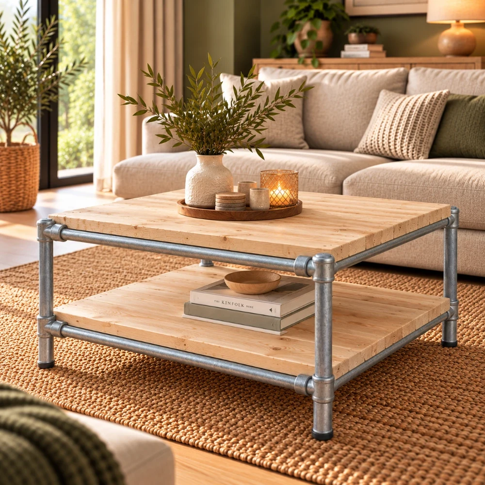 Houten Salontafel Jantje met steigerbuizen vaste poten.webp