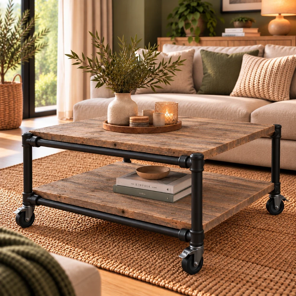 Houten Salontafel Jantje met steigerbuizen zwart en verouderd.webp