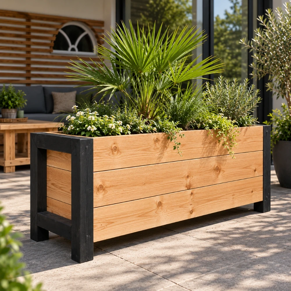 Bloembak Karin van Douglas hout met zwart onderstel 120cm.webp