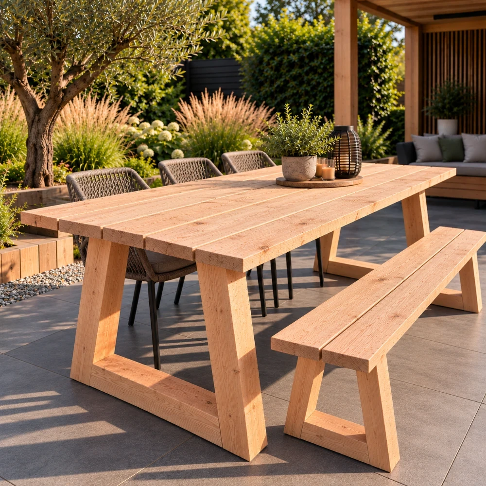 Douglas tafel Tjebbe en zitbank Tjibbe met trapezium poot kopie.webp