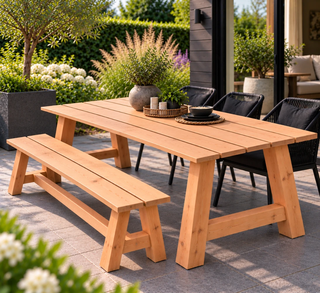 Douglas tafel abel met bankje abeltje, robuust.webp