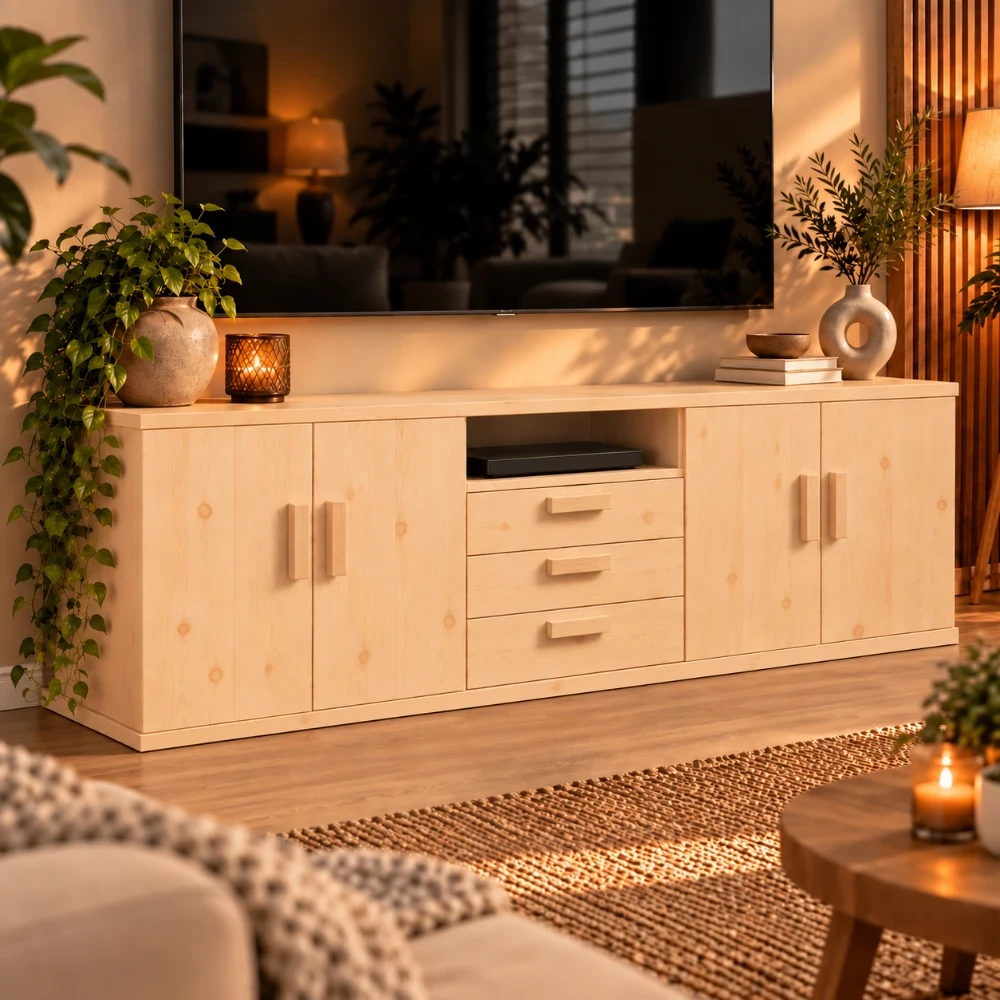 Houten TV-meubel Tryntsje (Naturel hout, 140cm, Geen greep, Geen greep)