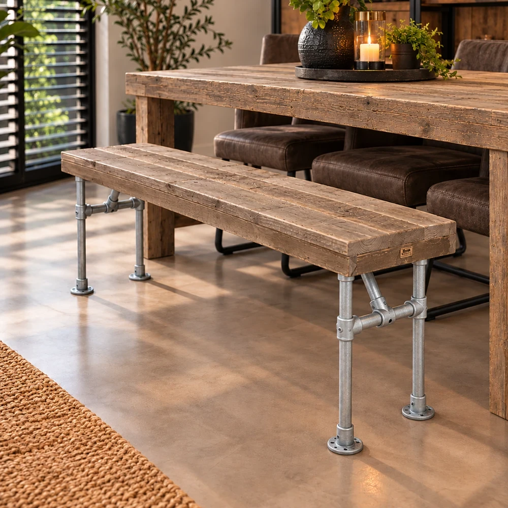 Houten Zitbank Vintage (Naturel hout, 150x40x47cmcm, Verzinkt staal)