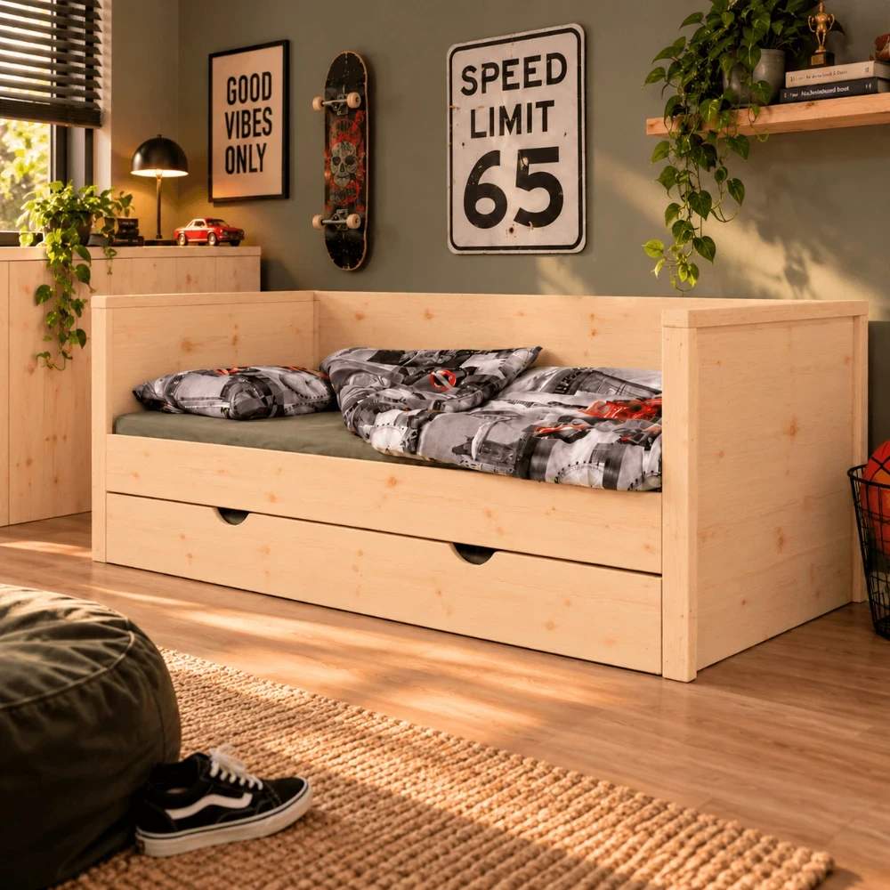 Houten Bedbank Mike (Naturel hout, Open vak, Geen greep, Geen uitvalbeveiliging, Geen lattenbodem, Geen matras)