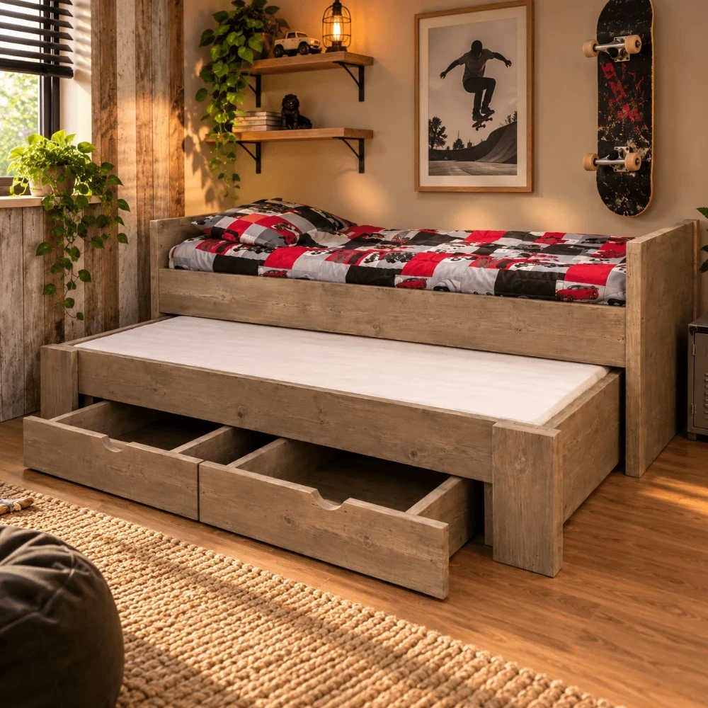 Houten Kinderbed Wesley (Naturel hout, Geen greep, Geen lattenbodem, Geen matras, Geen matras)