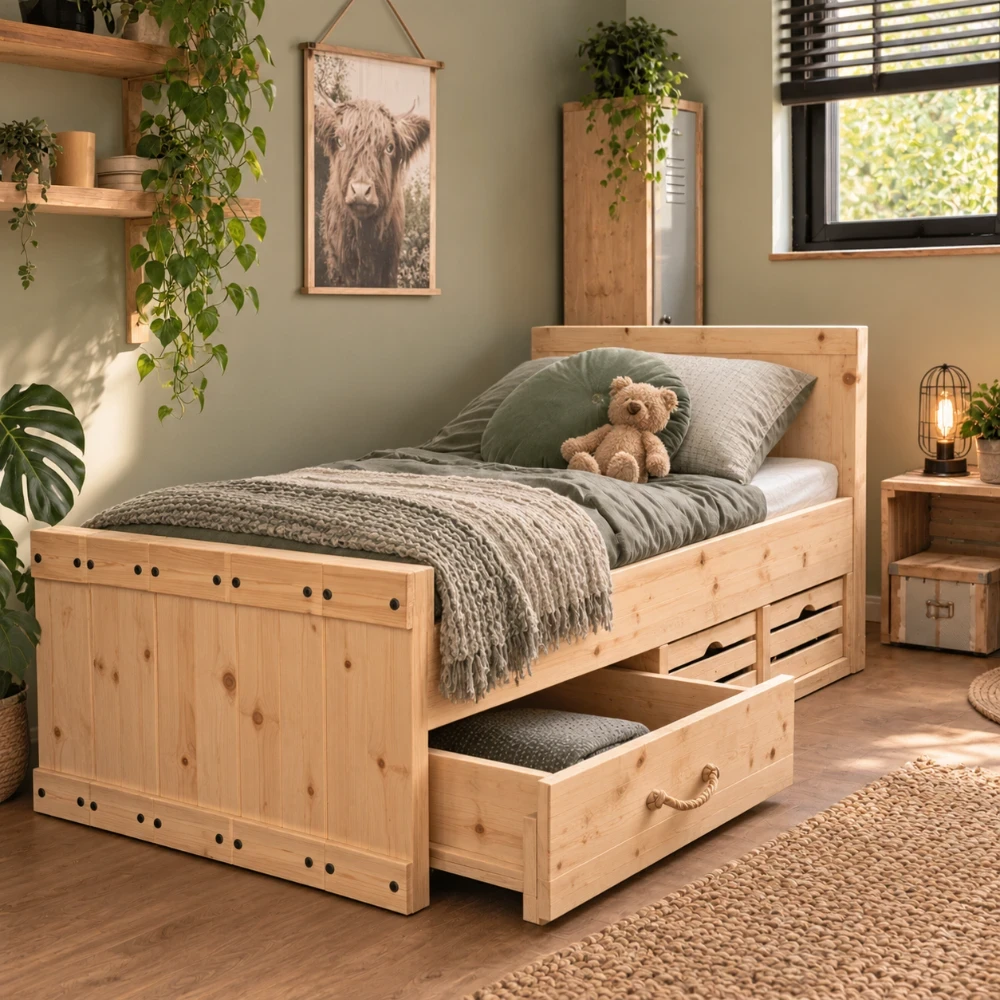 Houten Kinderbed Boris met Opberglade (Lade links - vakkenkast rechts, Geen opbergbakken, Geen lattenbodem, Geen matras)