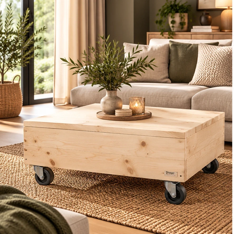 Houten Salontafel Blok op Wielen (60 x 60 x 30 cm, Naturel onbehandeld)