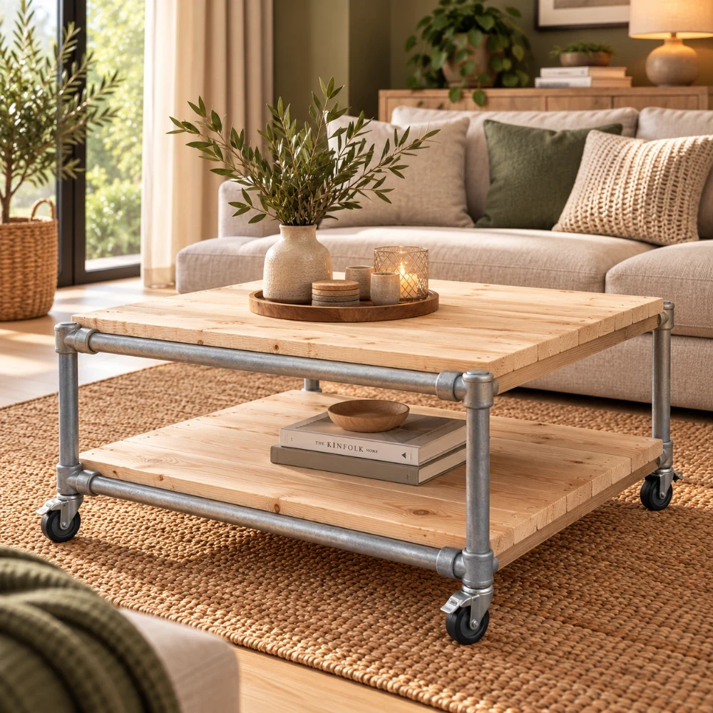 Salontafel Jantje – Hout & Staal (Naturel onbehandeld, 60 x 60 x 45 cm, Verzinkt staal ( standaard), Standaard met wielen diameter 50mm)