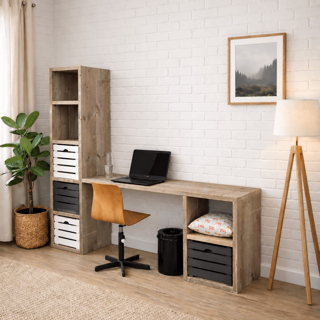 Bureau Kas (Naturel hout, 160cm, Geen opbergbakken, Kast links t.o.v. bureau, Diepte 40cm)