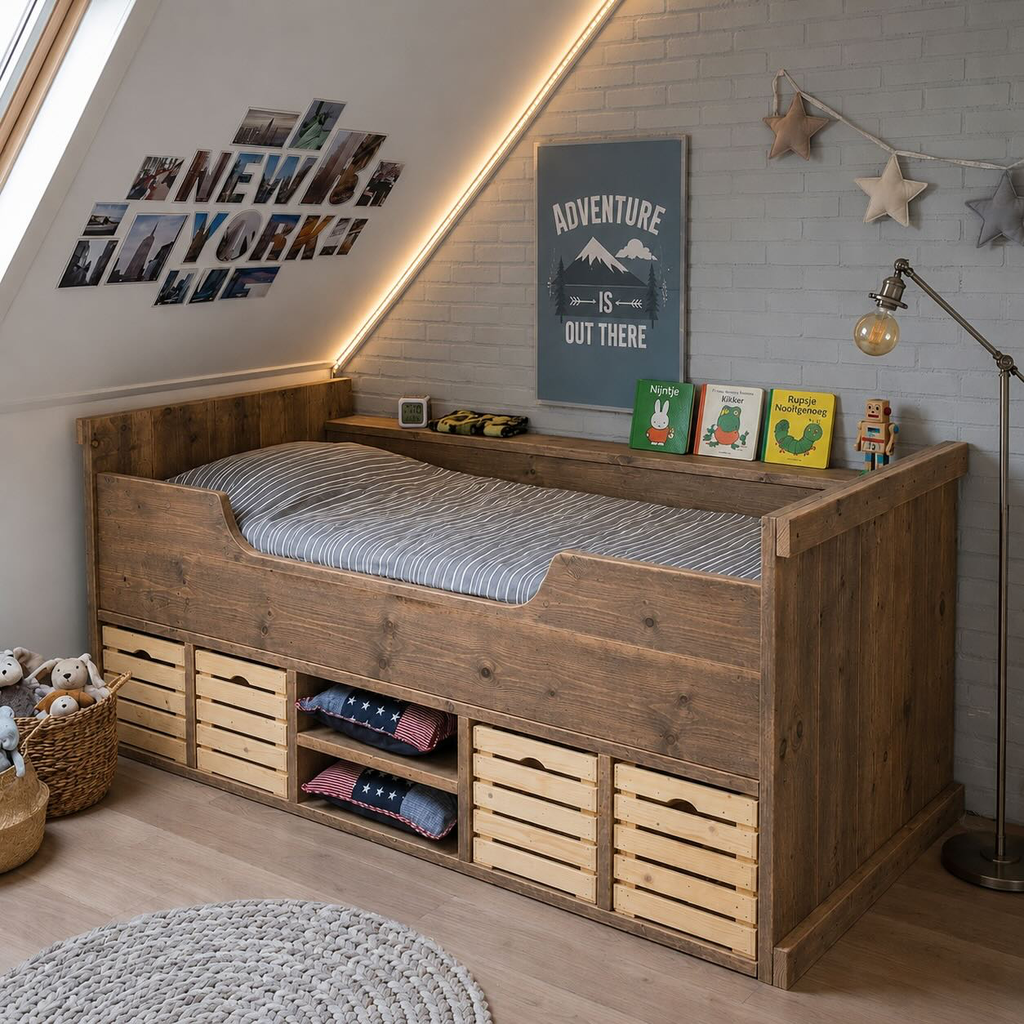 Kajuitbed steigerhout Anne-Lotte (Naturel hout, Geen opbergbakken, Geen lattenbodem, Geen matras, Geen, Geen)