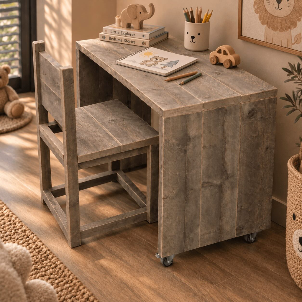 Houten kinderbureau met stoel